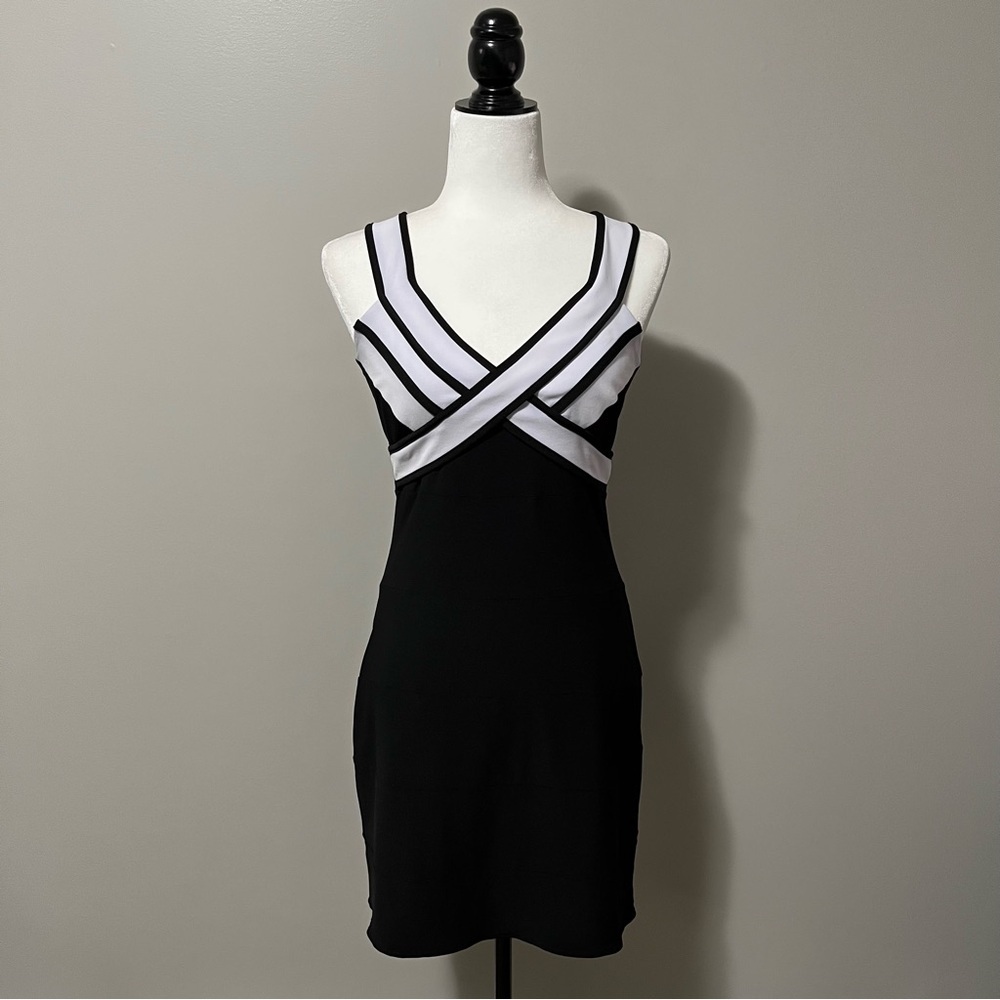 Joseph Ribkoff Black and White Colorblock Straps Bodycon Dress
